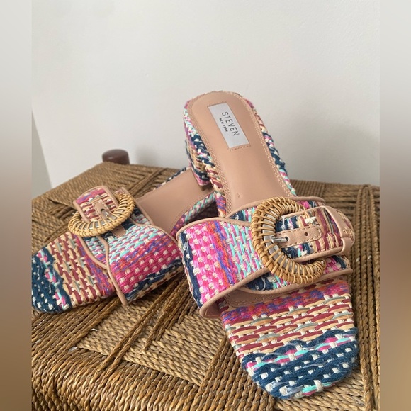 Steven New York Shoes Women’s 7.5 Raffia Blythe Sandal Multicolor Woven Heels - Picture 1 of 9
